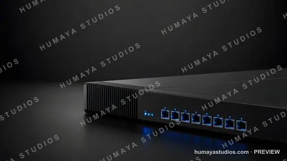 Modern Network Switch with Glowing Blue Ports on Dark Background