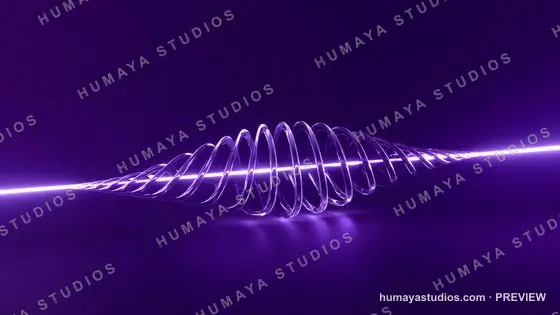 Glowing neon purple laser beam passing through a glass spiral sculpture