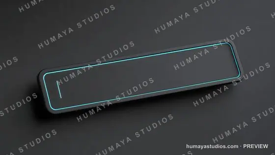 Futuristic electronic device with glowing blue LED light on dark background