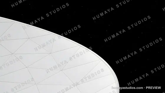 Futuristic white geodesic structure against a dark starry night sky