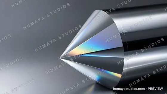 Polished steel cone with iridescent light reflections