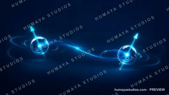 Quantum entanglement concept with glowing atomic particles and spin