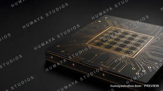 Advanced microchip processor with gold traces on dark background
