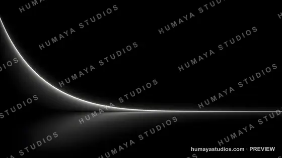 Abstract black background with glowing white light curve and reflection