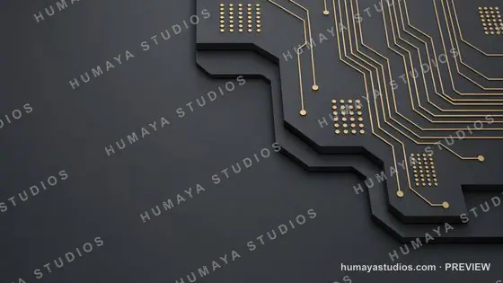 Futuristic Circuit Board Background with Gold Tracks on Dark Panel