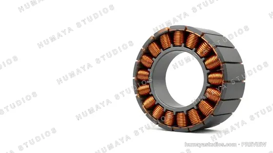 Electric Motor Stator with Copper Windings on White Background
