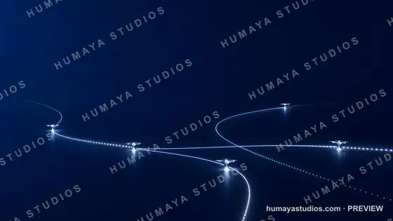 Autonomous Delivery Drones Flying Along Glowing Flight Paths