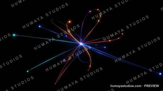 Subatomic particle collision with glowing trajectories in black space