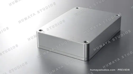 Metal electronic enclosure case on brushed steel surface