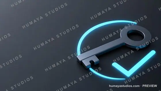 Secure access and password protection key with glowing checkmark