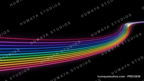 Neon rainbow light streaks curved on black background