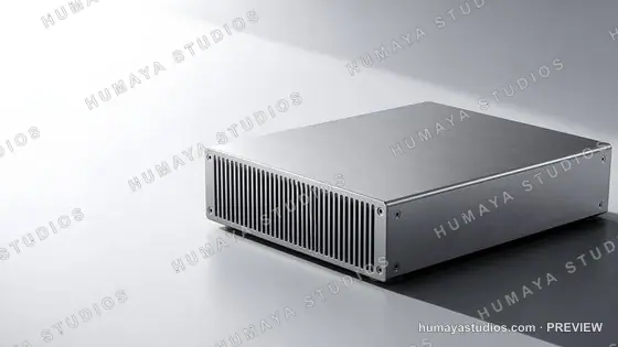 Metallic mini PC enclosure with cooling fins on a gray studio surface