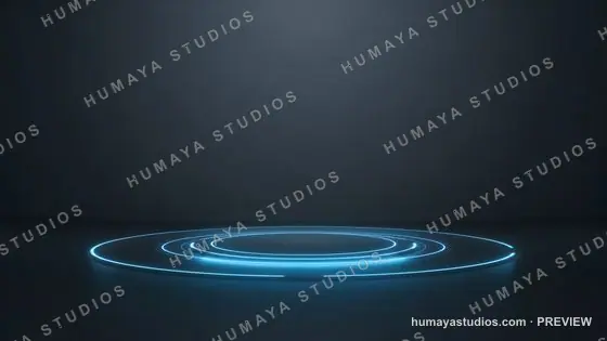 Futuristic Glowing Blue Neon Rings Podium on Dark Stage