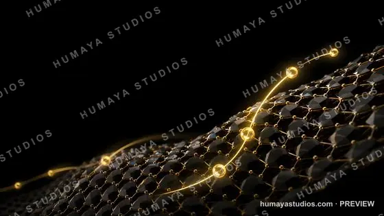 Graphene Lattice Abstract 3D Render with Glowing Golden Orbs